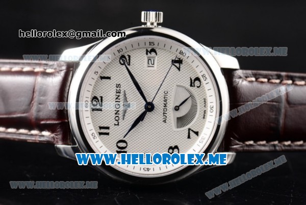 Longines Master Power Reserve Swiss ETA 2824 Automatic Steel Case with White Dial and Brown Leather Strap Arabic Numeral Markers - Click Image to Close