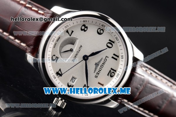 Longines Master Power Reserve Swiss ETA 2824 Automatic Steel Case with White Dial and Brown Leather Strap Arabic Numeral Markers - Click Image to Close