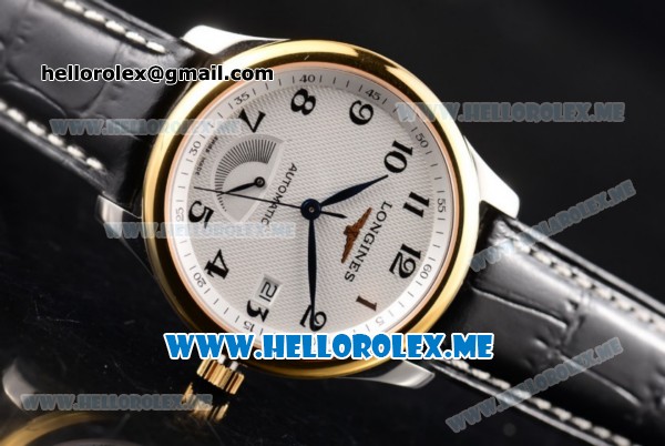 Longines Master Power Reserve Swiss ETA 2824 Automatic Yellow Gold Case with White Dial and Arabic Numeral Markers Black Leather Strap - Click Image to Close