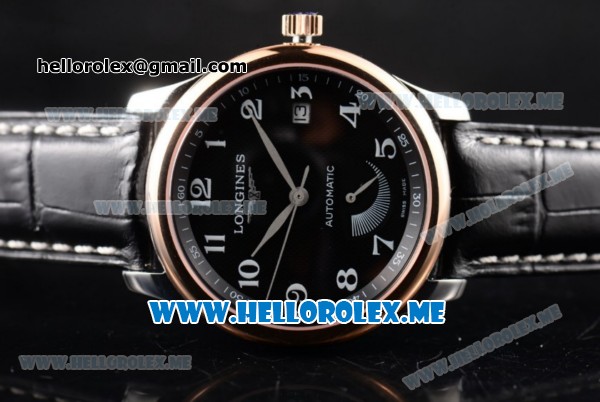 Longines Master Power Reserve Swiss ETA 2824 Automatic Steel Case with Black Dial and Black Leather Strap Rose Gold Bezel - Click Image to Close