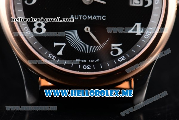 Longines Master Power Reserve Swiss ETA 2824 Automatic Steel Case with Black Dial and Black Leather Strap Rose Gold Bezel - Click Image to Close