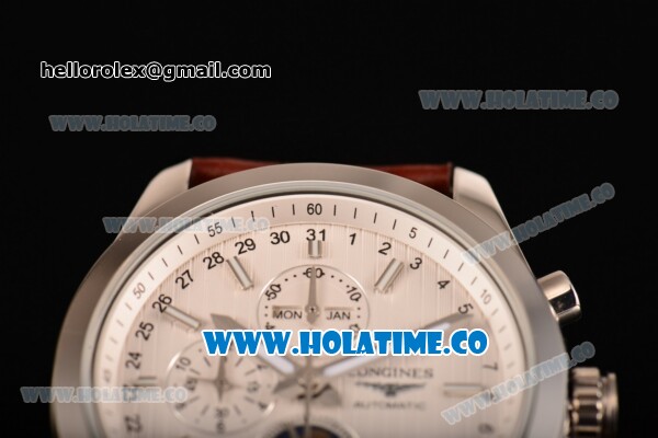 Longines Master Moonphase Chrono Miyota OS10 Quartz with Date Steel Case with White Dial Stick Markers and Brown Leather Strap - Click Image to Close
