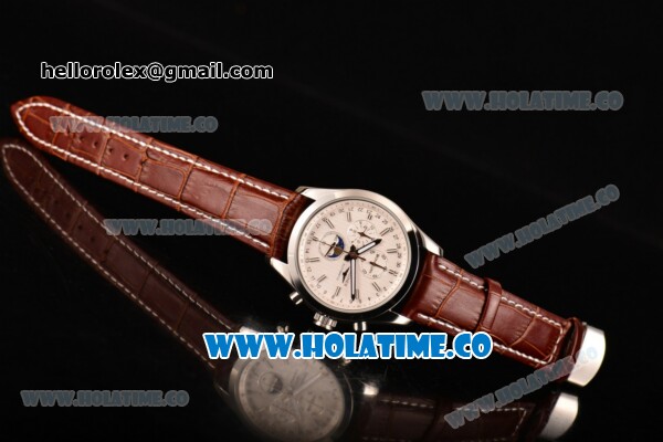 Longines Master Moonphase Chrono Miyota OS10 Quartz with Date Steel Case with White Dial Stick Markers and Brown Leather Strap - Click Image to Close