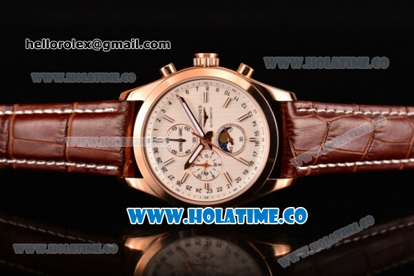 Longines Master Moonphase Miyota OS10 Quartz with Date Rose Gold Case with White Dial Stick Markers and Brown Leather Strap - Click Image to Close