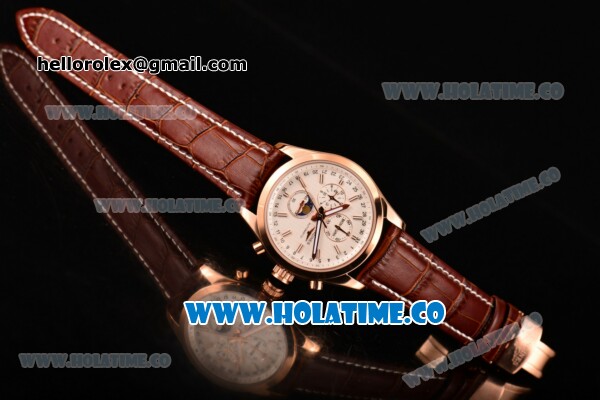 Longines Master Moonphase Miyota OS10 Quartz with Date Rose Gold Case with White Dial Stick Markers and Brown Leather Strap - Click Image to Close