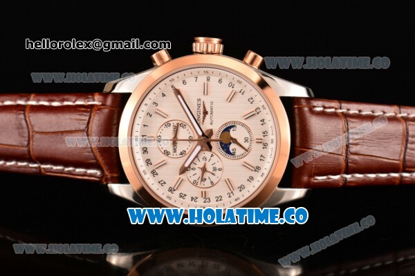 Longines Master Moonphase Chrono Miyota OS10 Quartz with Date Steel Case with White Dial Stick Markers and Rose Gold Bezel - Click Image to Close