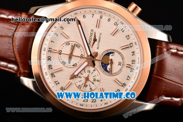 Longines Master Moonphase Chrono Miyota OS10 Quartz with Date Steel Case with White Dial Stick Markers and Rose Gold Bezel - Click Image to Close