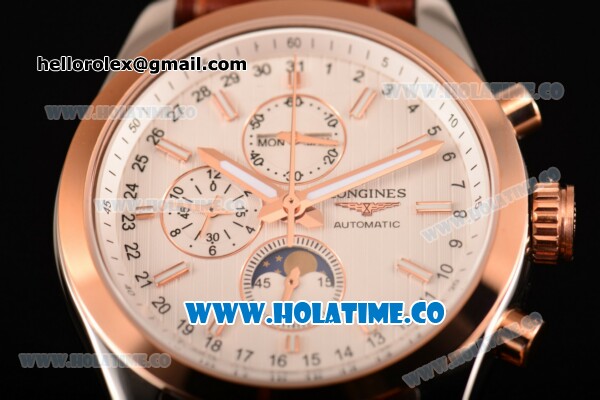 Longines Master Moonphase Chrono Miyota OS10 Quartz with Date Steel Case with White Dial Stick Markers and Rose Gold Bezel - Click Image to Close