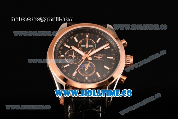 Longines Master Moonphase Miyota OS10 Quartz with Date Rose Gold Case with Black Dial and Stick Markers - Rose Gold Bezel - Click Image to Close