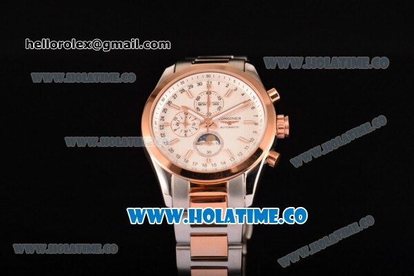 Longines Master Moonphase Chrono Miyota OS10 Quartz with Date Tone Tone Case/Bracelet with White Dial and Stick Markers - Click Image to Close