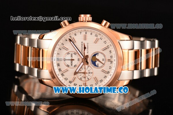 Longines Master Moonphase Chrono Miyota OS10 Quartz with Date Rose Gold Case with White Dial Stick Markers and Two Tone Bracelet - Click Image to Close