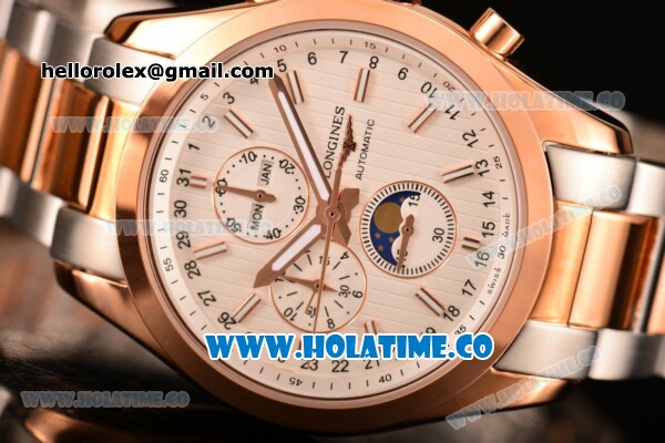 Longines Master Moonphase Chrono Miyota OS10 Quartz with Date Rose Gold Case with White Dial Stick Markers and Two Tone Bracelet - Click Image to Close