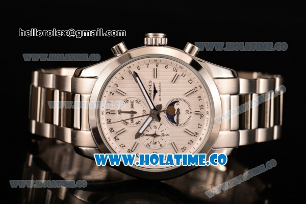 Longines Master Moonphase Chrono Miyota OS10 Quartz with Date Full Steel with White Dial and Stick Markers - Click Image to Close