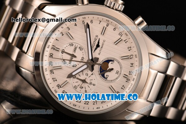 Longines Master Moonphase Chrono Miyota OS10 Quartz with Date Full Steel with White Dial and Stick Markers - Click Image to Close