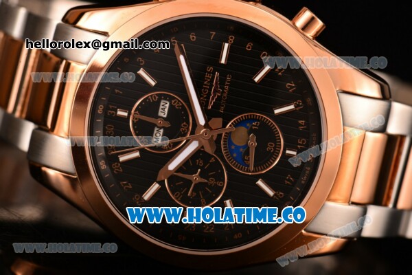 Longines Master Moonphase Chrono Miyota OS10 Quartz with Date Rose Gold Case with Black Dial Stick Markers and Two Tone Bracelet - Click Image to Close