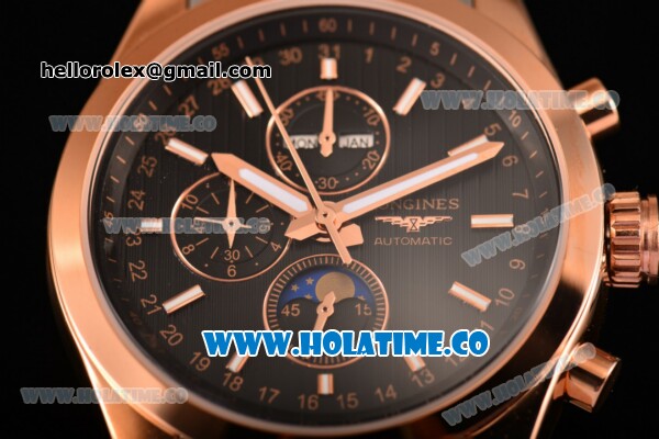 Longines Master Moonphase Chrono Miyota OS10 Quartz with Date Rose Gold Case with Black Dial Stick Markers and Two Tone Bracelet - Click Image to Close