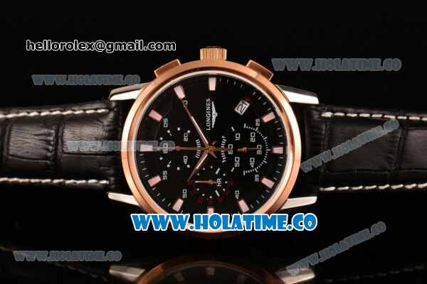 Longines Master Complications Miyota OS10 Quartz Steel Case with Rose Gold Bezel and Black Dial - Stick Markers - Click Image to Close