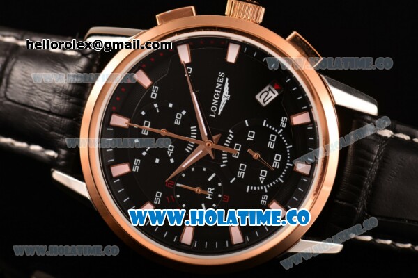 Longines Master Complications Miyota OS10 Quartz Steel Case with Rose Gold Bezel and Black Dial - Stick Markers - Click Image to Close
