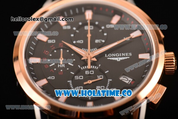 Longines Master Complications Miyota OS10 Quartz Steel Case with Rose Gold Bezel and Black Dial - Stick Markers - Click Image to Close