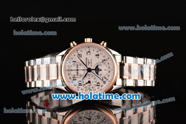 Longines Master Chrono Moonphase Swiss Valjoux 7751 Automatic Two Tone Case with White Dial and Rose Gold Bezel - Click Image to Close