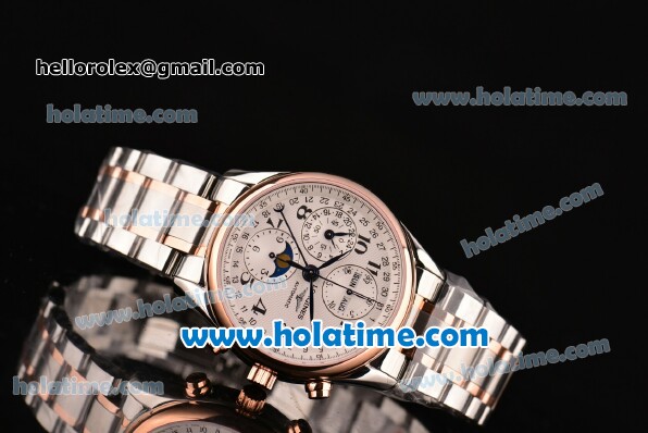 Longines Master Chrono Moonphase Swiss Valjoux 7751 Automatic Two Tone Case with White Dial and Rose Gold Bezel - Click Image to Close
