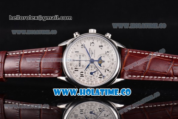 Longines Master Collection Chronograph Swiss Valjoux 7750 Automatic Movement Steel Case with White Dial and Leather Strap - Click Image to Close