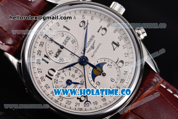 Longines Master Collection Chronograph Swiss Valjoux 7750 Automatic Movement Steel Case with White Dial and Leather Strap - Click Image to Close