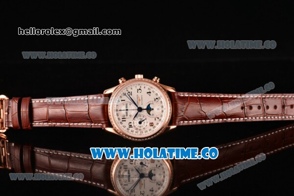 Longines Master Moonphase Chrono Swiss Valjoux 7751 Automatic Rose Gold Case with Diamonds Bezel Arabic Numeral Markers and White Dial - 1:1 Original - Click Image to Close