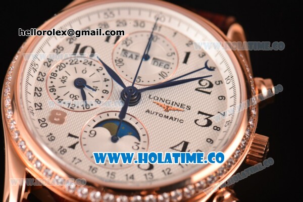 Longines Master Moonphase Chrono Swiss Valjoux 7751 Automatic Rose Gold Case with Diamonds Bezel Arabic Numeral Markers and White Dial - 1:1 Original - Click Image to Close