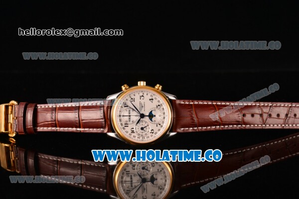 Longines Master Moonphase Chrono Swiss Valjoux 7751 Automatic Steel Case with Yellow Gold Bezel Arabic Numeral Markers and White Dial - 1:1 Original - Click Image to Close