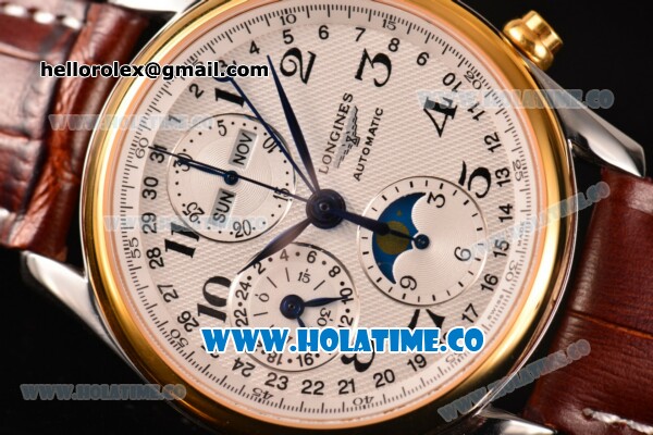 Longines Master Moonphase Chrono Swiss Valjoux 7751 Automatic Steel Case with Yellow Gold Bezel Arabic Numeral Markers and White Dial - 1:1 Original - Click Image to Close