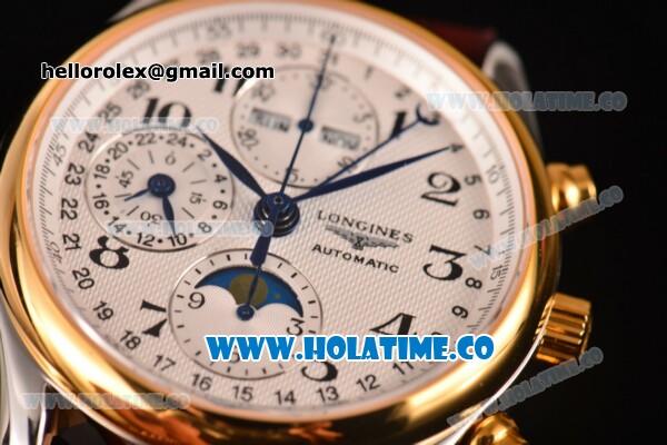 Longines Master Moonphase Chrono Swiss Valjoux 7751 Automatic Steel Case with Yellow Gold Bezel Arabic Numeral Markers and White Dial - 1:1 Original - Click Image to Close