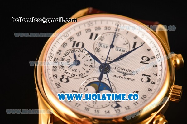 Longines Master Moonphase Chrono Swiss Valjoux 7751 Automatic Yellow Gold Case with White Dial and Arabic Numeral Markers - 1:1 Original - Click Image to Close
