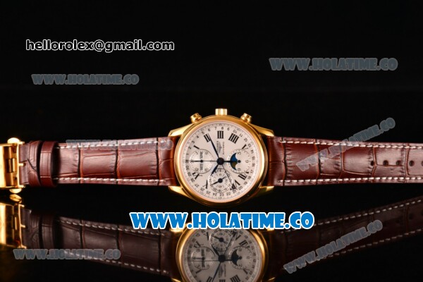 Longines Master Moonphase Chrono Swiss Valjoux 7751 Automatic Yellow Gold Case with White Dial and Roman Numeral Markers - 1:1 Original - Click Image to Close