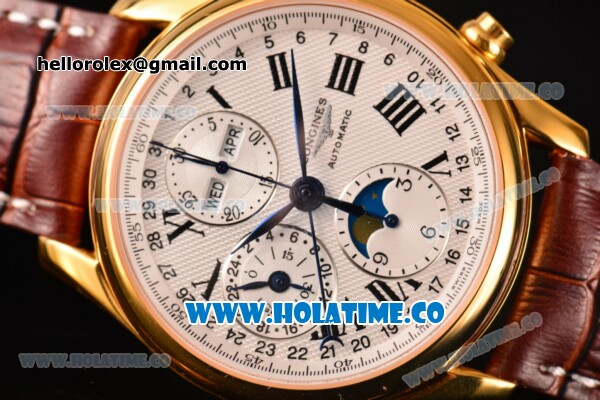 Longines Master Moonphase Chrono Swiss Valjoux 7751 Automatic Yellow Gold Case with White Dial and Roman Numeral Markers - 1:1 Original - Click Image to Close