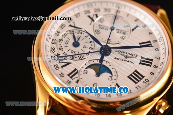 Longines Master Moonphase Chrono Swiss Valjoux 7751 Automatic Yellow Gold Case with White Dial and Roman Numeral Markers - 1:1 Original - Click Image to Close