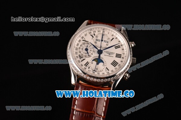 Longines Master Moonphase Chrono Swiss Valjoux 7751 Automatic Steel Case with White Dial and Diamonds Bezel - 1:1 Original - Click Image to Close