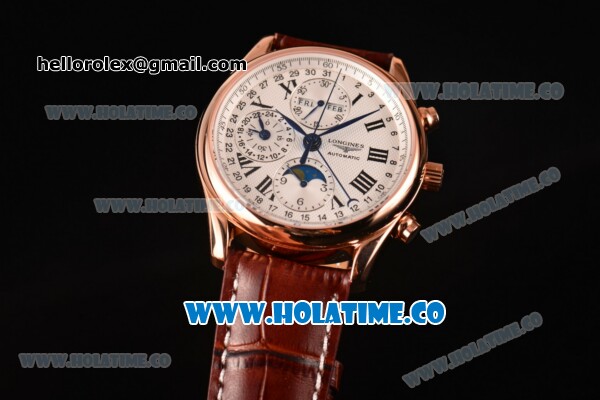 Longines Master Moonphase Chrono Swiss Valjoux 7751 Automatic Rose Gold Case with White Dial and Roman Numeral Markers - 1:1 Original - Click Image to Close