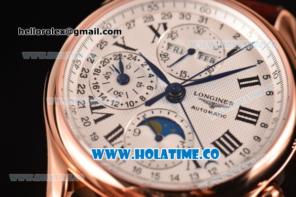 Longines Master Moonphase Chrono Swiss Valjoux 7751 Automatic Rose Gold Case with White Dial and Roman Numeral Markers - 1:1 Original - Click Image to Close