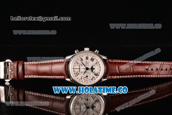 Longines Master Moonphase Chrono Swiss Valjoux 7751 Automatic Steel Case with White Dial and Roman Numeral Markers - 1:1 Original - Click Image to Close