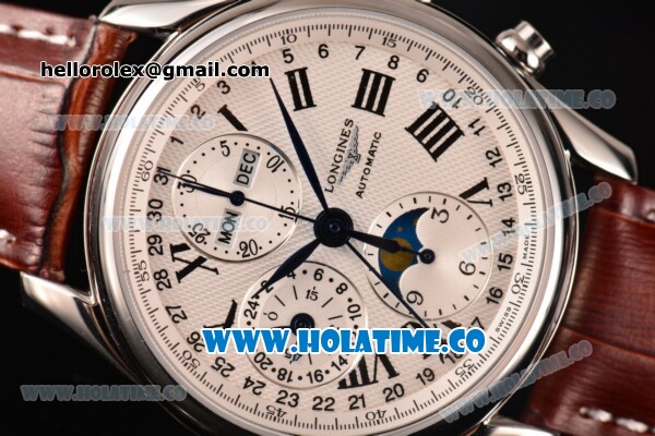 Longines Master Moonphase Chrono Swiss Valjoux 7751 Automatic Steel Case with White Dial and Roman Numeral Markers - 1:1 Original - Click Image to Close