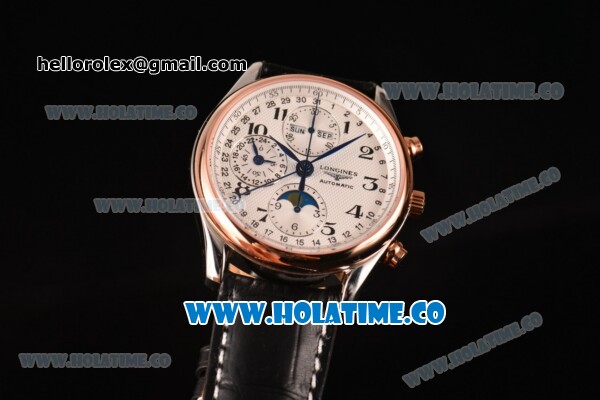 Longines Master Moonphase Chrono Swiss Valjoux 7751 Automatic Steel Case with White Dial and Rose Gold Bezel - 1:1 Original - Click Image to Close