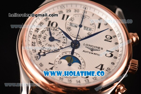 Longines Master Moonphase Chrono Swiss Valjoux 7751 Automatic Steel Case with White Dial and Rose Gold Bezel - 1:1 Original - Click Image to Close