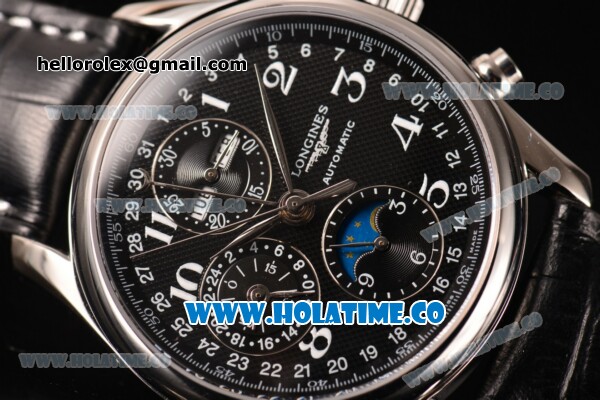 Longines Master Moonphase Chrono Swiss Valjoux 7751 Automatic Steel Case with Black Dial and White Arabic Numeral Markers - 1:1 Original - Click Image to Close