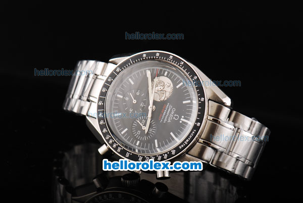 Omega Speedmaster Automatic Movement Black Dial with White Stick Hour Marker and Black Bezel-SS Strap - Click Image to Close