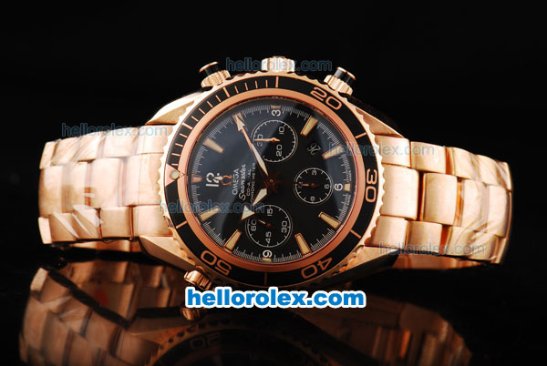 Omega Seamaster Swiss Valjoux 7750 Chronograph Movement Full Rose Gold Case/Strap with Black Dial and Stick Hour Marker - Click Image to Close