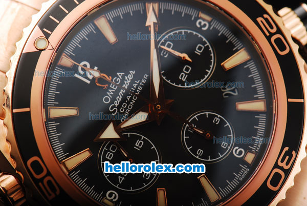 Omega Seamaster Swiss Valjoux 7750 Chronograph Movement Full Rose Gold Case/Strap with Black Dial and Stick Hour Marker - Click Image to Close