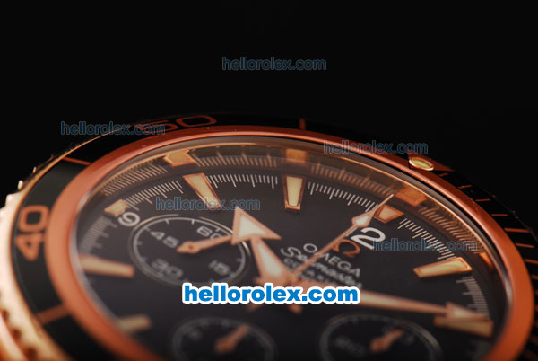 Omega Seamaster Swiss Valjoux 7750 Chronograph Movement Full Rose Gold Case/Strap with Black Dial and Stick Hour Marker - Click Image to Close