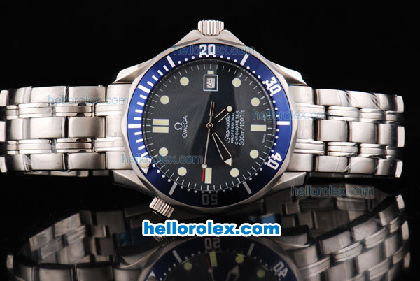 Omega Seamaster Professional Chronometer Automatic Movement ETA Case with Blue Bezel-Dot Markers and Black Dial - Click Image to Close