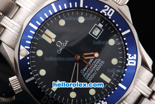 Omega Seamaster Professional Chronometer Automatic Movement ETA Case with Blue Bezel-Dot Markers and Black Dial - Click Image to Close